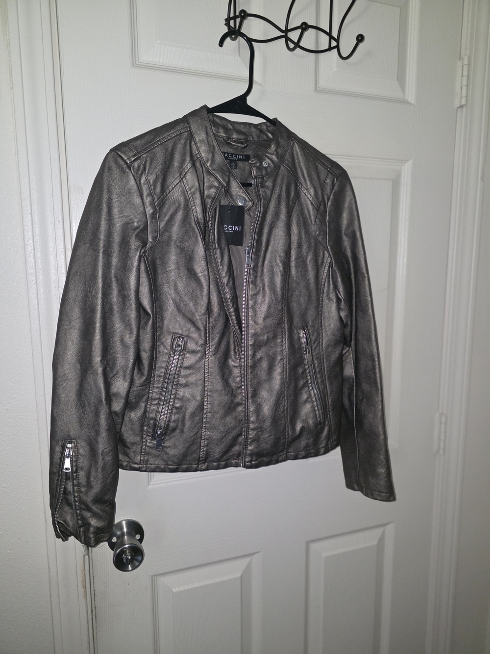 Baccini Metallic Gray Faux Leather Moto Jacket